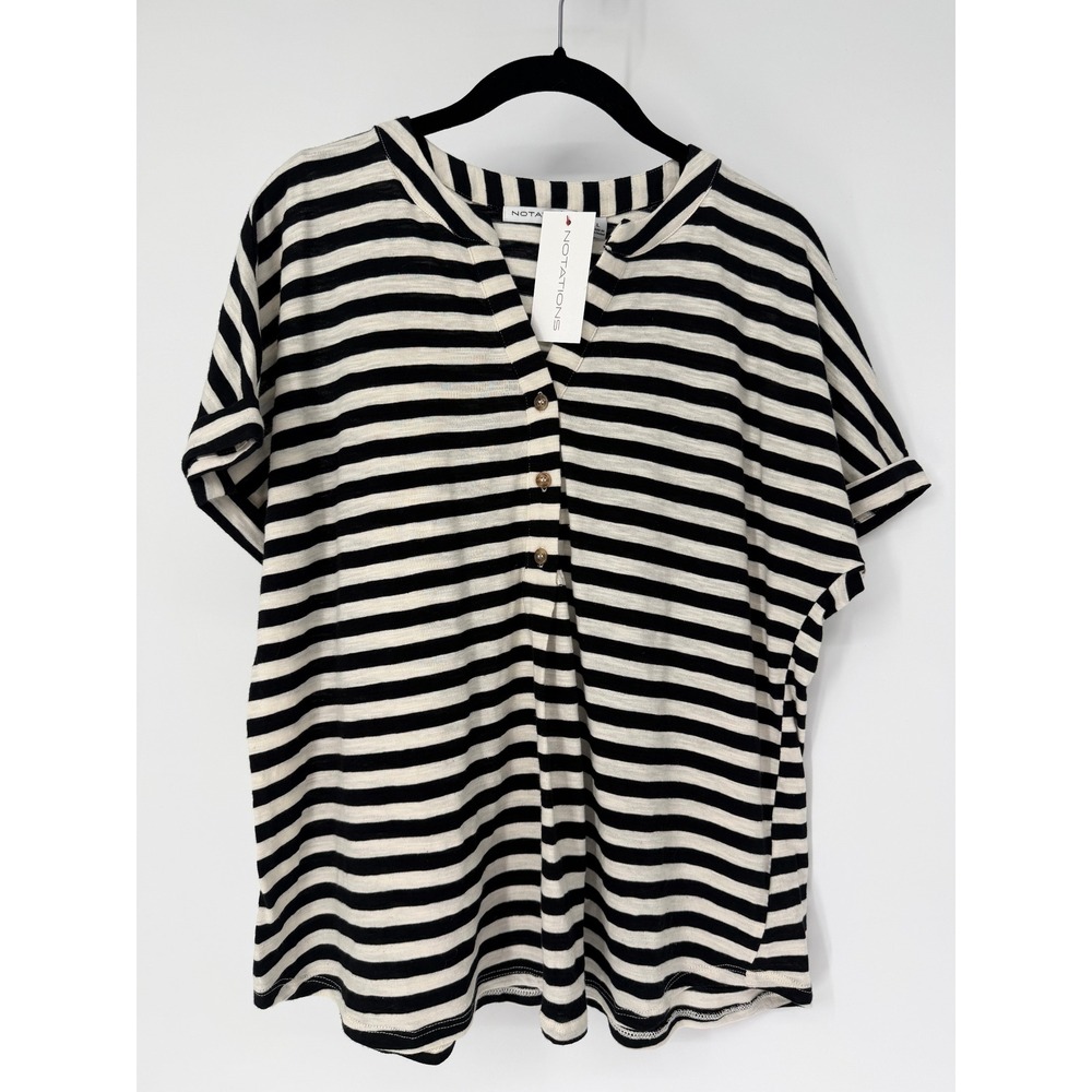 Notations NWT Women's Large Black White Striped 100% Cotton Henley Top